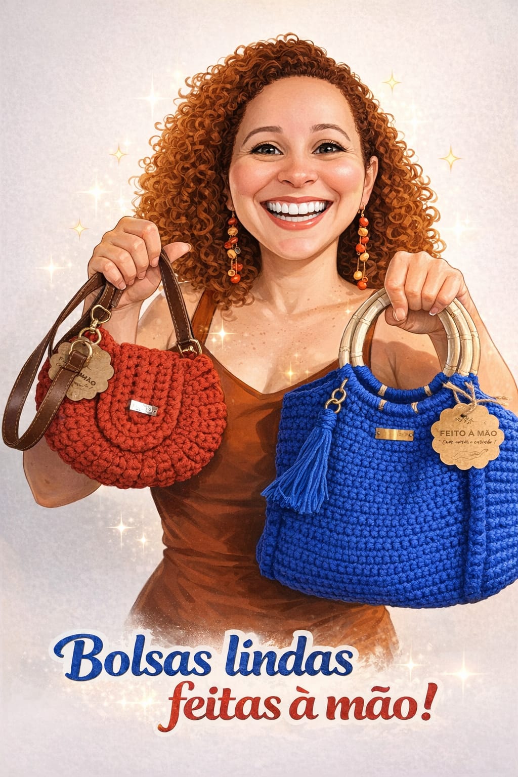 Cris exibindo bolsas de croche artesanais